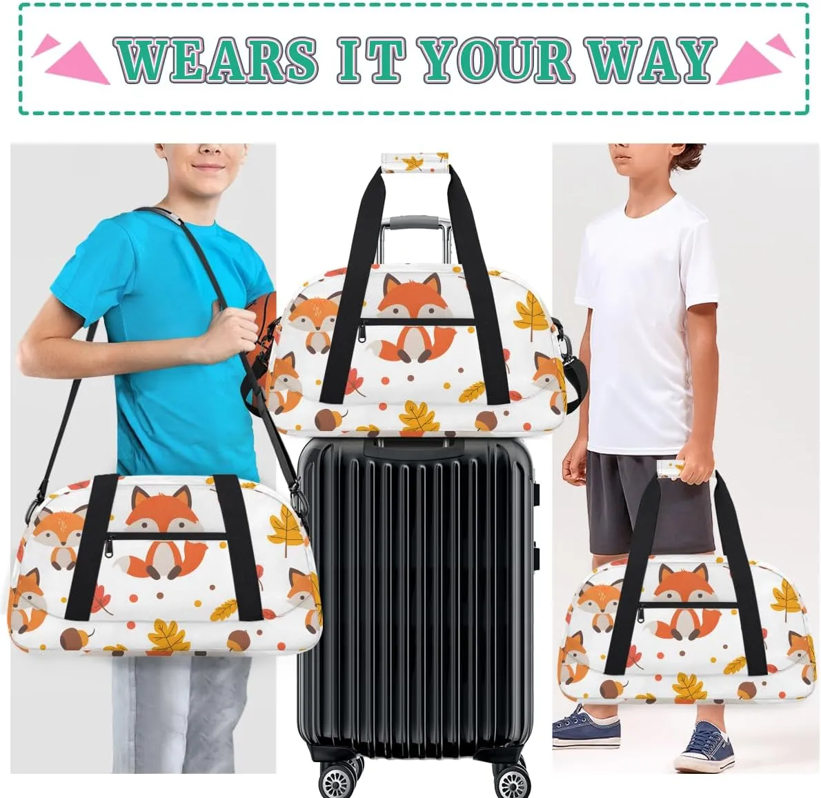with etch mighty depict phenomenon independence autonomic Front Zipper Pocket for School Practice or Overnight Travel Weekender Sleepover Tote Bag Autumn Leaf Fox Kids Overnighter Duffel Bags for Boys, Carry-On Size Sports Gym Bag 