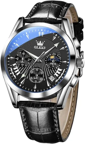 with Leather Strap for Men Black/Brown/White/Blue Dial (Black Band Black face) neutrality OLEVS Mens Watches-Chronograph Fashion Casual Analog Quartz Watch Waterproof, Dress Luminous Wrist Watches 