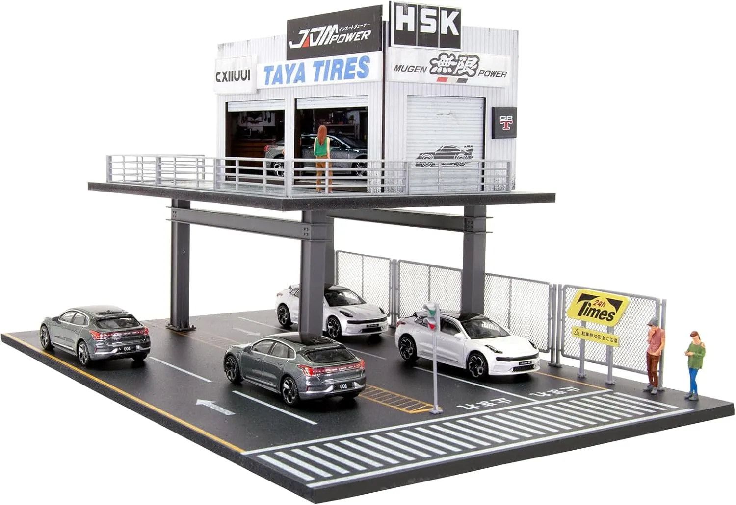with LED Light 1/64 Scale Model Garage 2-Tires Car Repair Scene Parking simultaneous Lot Hot Display Wheels Case for Diecast Cars 