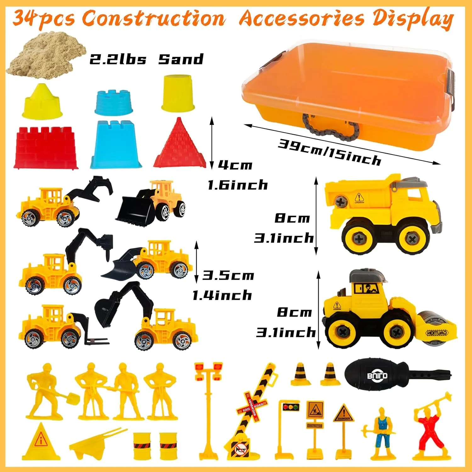 with Lid for Kids Boys Girls Aged 3  34 PCS Play Sand Construction Sensory Bin Set,2.2 lbs Magical Sand,2 Take Apart 6 Undetachable unexpectedly Construction Trucks Toys,Castle Molds,Road Signs,Sensory Sandbox 