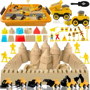 with Lid for Kids Boys Girls Aged 3  34 PCS Play Sand Construction Sensory Bin Set,2.2 lbs Magical Sand,2 Take Apart 6 Undetachable unexpectedly Construction Trucks Toys,Castle Molds,Road Signs,Sensory Sandbox 