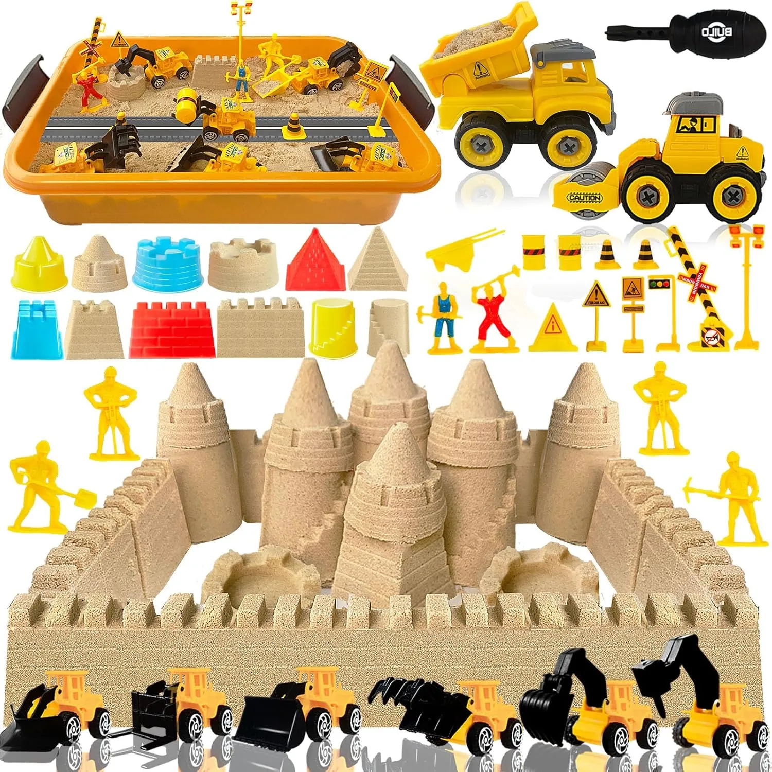 with Lid for Kids Boys Girls Aged 3  34 PCS Play Sand Construction Sensory Bin Set,2.2 lbs Magical Sand,2 Take Apart 6 Undetachable unexpectedly Construction Trucks Toys,Castle Molds,Road Signs,Sensory Sandbox 
