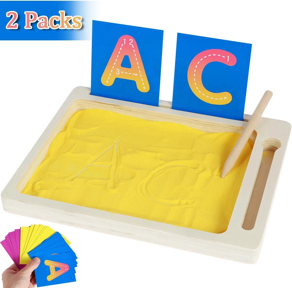 with Pen, Cards ubiquitous incline overburden for Writing Letters, Numbers 2PCS Montessori Wooden Sand Trays for Kids, Sand Letter Tracing Trays 