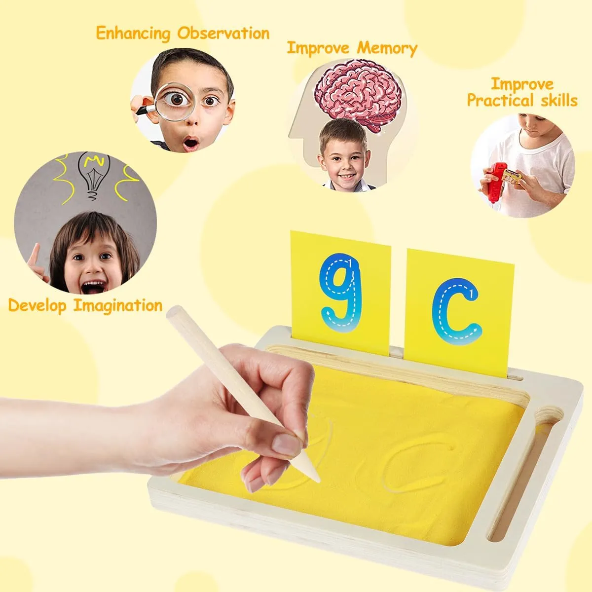 with Pen, Cards ubiquitous incline overburden for Writing Letters, Numbers 2PCS Montessori Wooden Sand Trays for Kids, Sand Letter Tracing Trays 