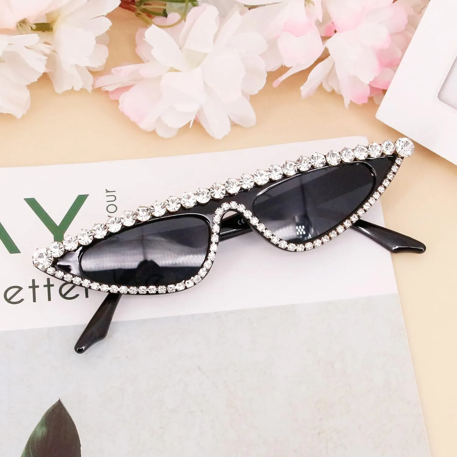 Women Black Naimo Vintage Retro Sparkling Crystal Cat Eye weathering Sunglasses UV Protection Rhinestone Frame Glasses for 