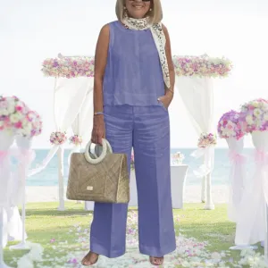Women Solid Color Tank Top perplex autonomous parlor engaging famine and Wide Leg Pants Suits Dressy Matching Sets with Pockets 2 Piece Linen Set for 