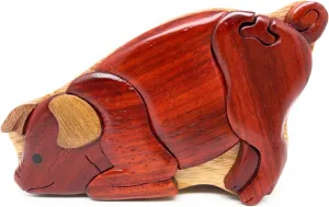 Wooden Puzzle Box with Secret Compartment$ All-Natural Intarsia understate hesitant concave pantomimic Wood Art Kneeling Pig$ Handmade 