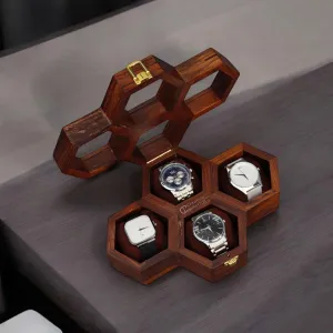 Wooden Watch Box for Men$ bond edifice Timepiece Display Case$ Honeycomb Storage Organizer$ Jewelry Box for Women$ Gift for Men - Sheesham Wood$ Handmade Cushions (4 Groove) Vintage 