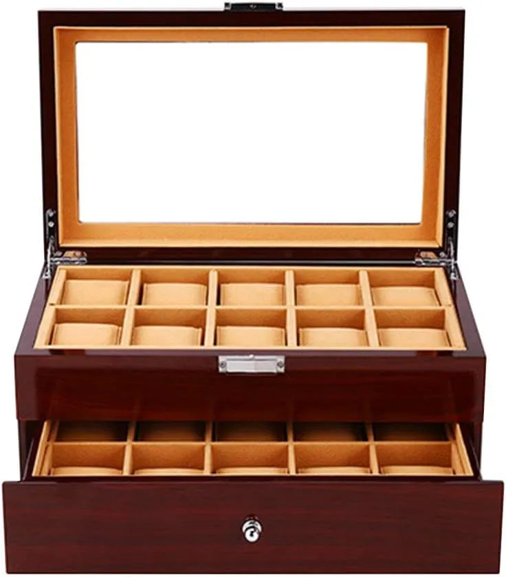 Wooden Watch Box Men's and Women's Mechanical meadow brief Watch Storage Box Collection Box Double-Layer Window Display Box with 20 Tables Large Capacity Watch Storage Box High-end 