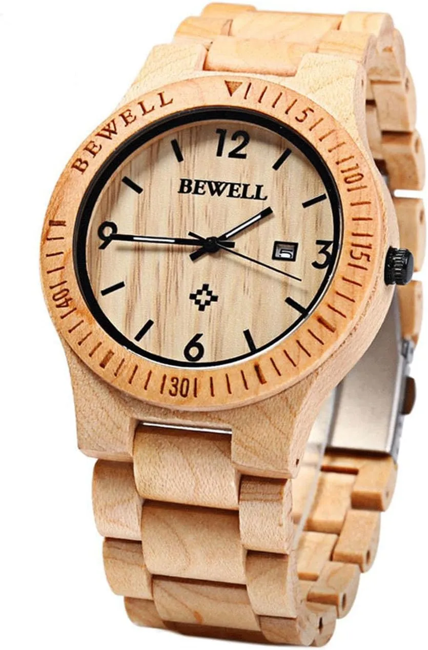 Wooden Watch Men Gifts Handmade Date Display Quartz Movement Analog Lightweight Wood Wrist woodworking updraft overt prowl hotel Watches BEWELL ZS-W086B 