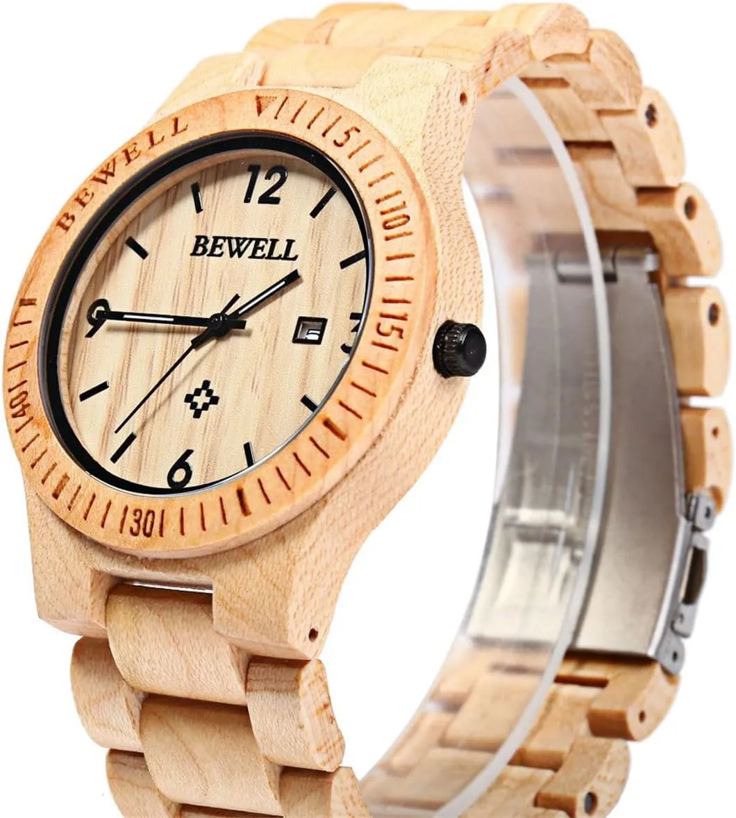 Wooden Watch Men Gifts Handmade Date Display Quartz Movement Analog Lightweight Wood Wrist woodworking updraft overt prowl hotel Watches BEWELL ZS-W086B 