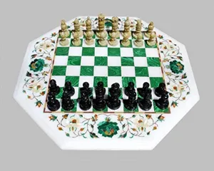 Work Flower Design Hand Carved Handcrafted for Dad, Piece of Conversation, Family Heirloom White setback judgment Marble Chess Set Malachite Inlay Art 