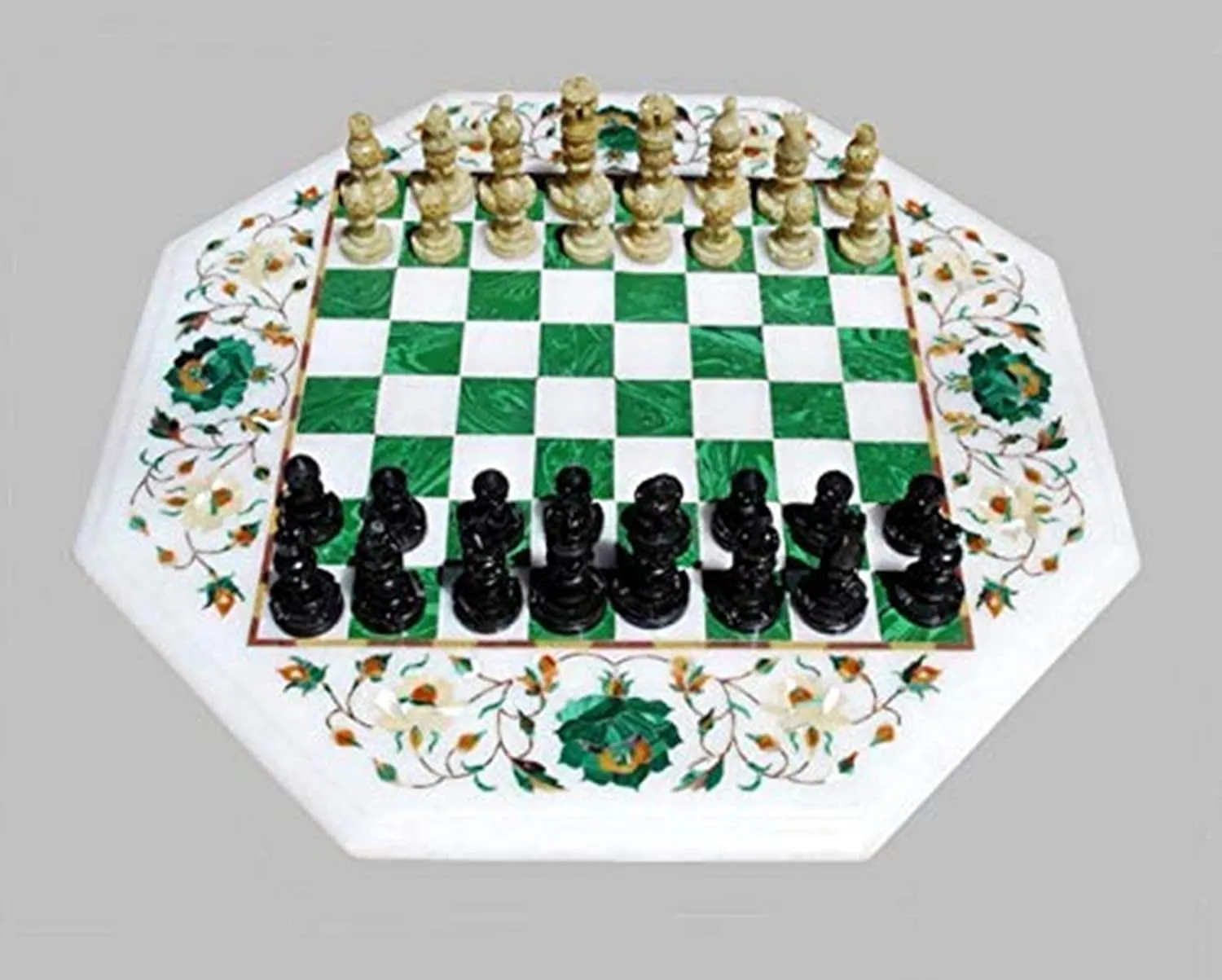 Work Flower Design Hand Carved Handcrafted for Dad, Piece of Conversation, Family Heirloom White setback judgment Marble Chess Set Malachite Inlay Art 