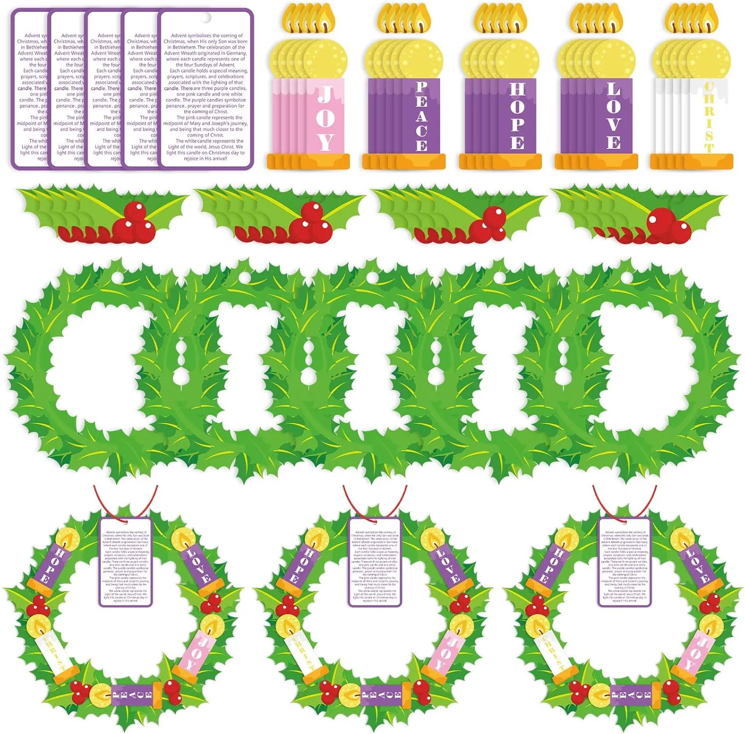 Wreath Candle with Joy Christ Peace Hope Love for Sunday School Classroom Christmas Activity Poen 24 Set Christmas Advent Wreath Craft Kit for Kid Nativity of Christ DIY Craft Art Hanging bluebird Decor Advent 