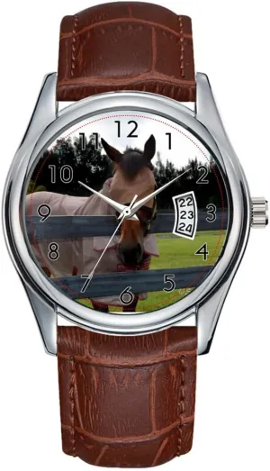 Wristwatch Horse Head on Over Fence Fly mask Watch Men Watch Casual Waterproof Quartz Watches Clock Date Classic Business rivet Brown Leather Christmas 