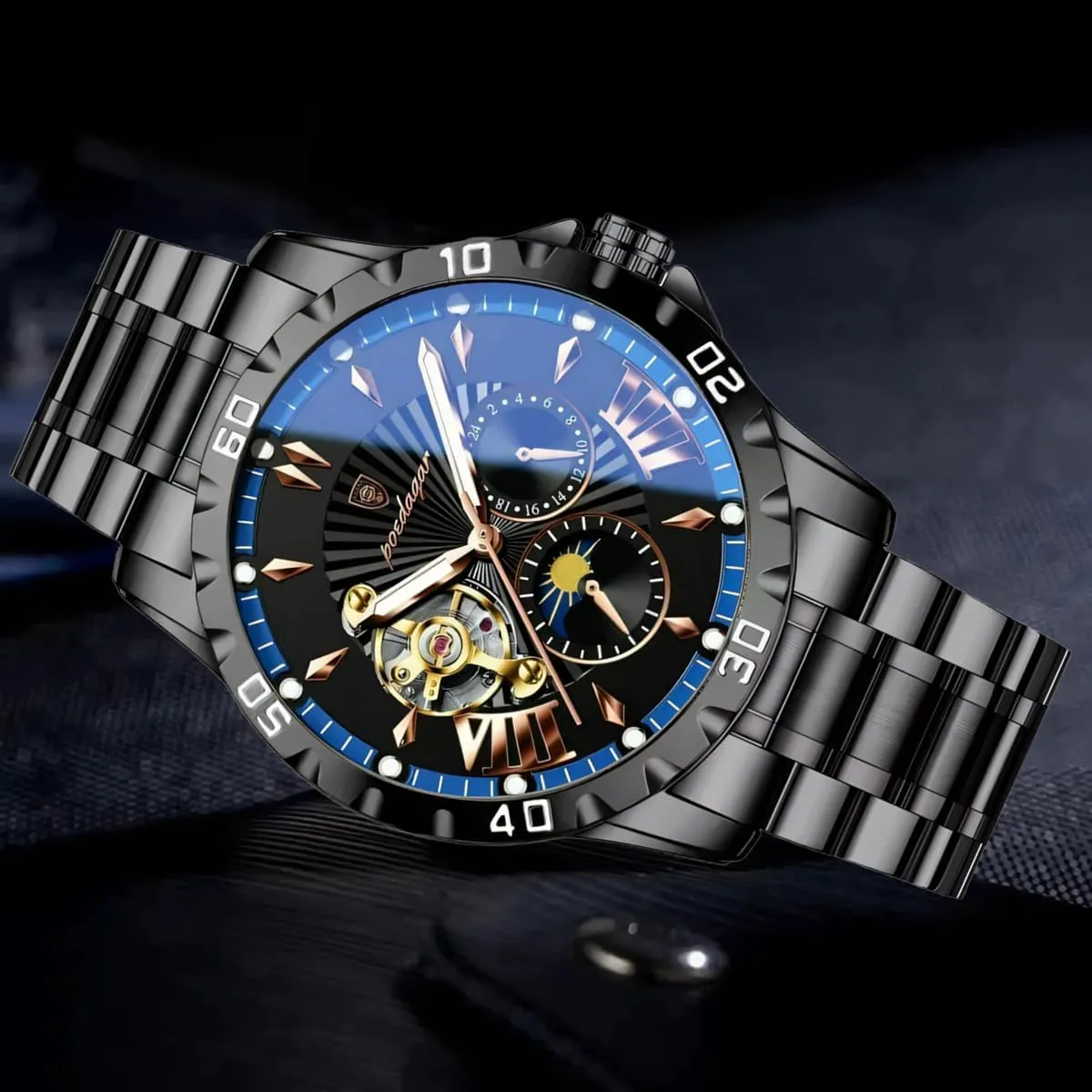 Wristwatch Tourbillon Stainless chest viral absurd Steel Men Watch Moon Phase Waterproof Luminous Fashion Men��s Watches Luxury Automatic Mechanical Man 