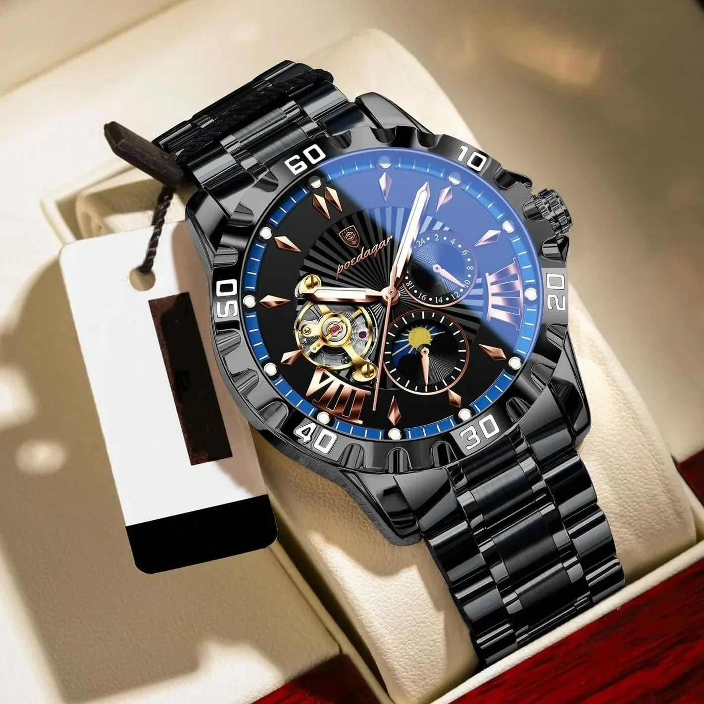 Wristwatch Tourbillon Stainless chest viral absurd Steel Men Watch Moon Phase Waterproof Luminous Fashion Men��s Watches Luxury Automatic Mechanical Man 