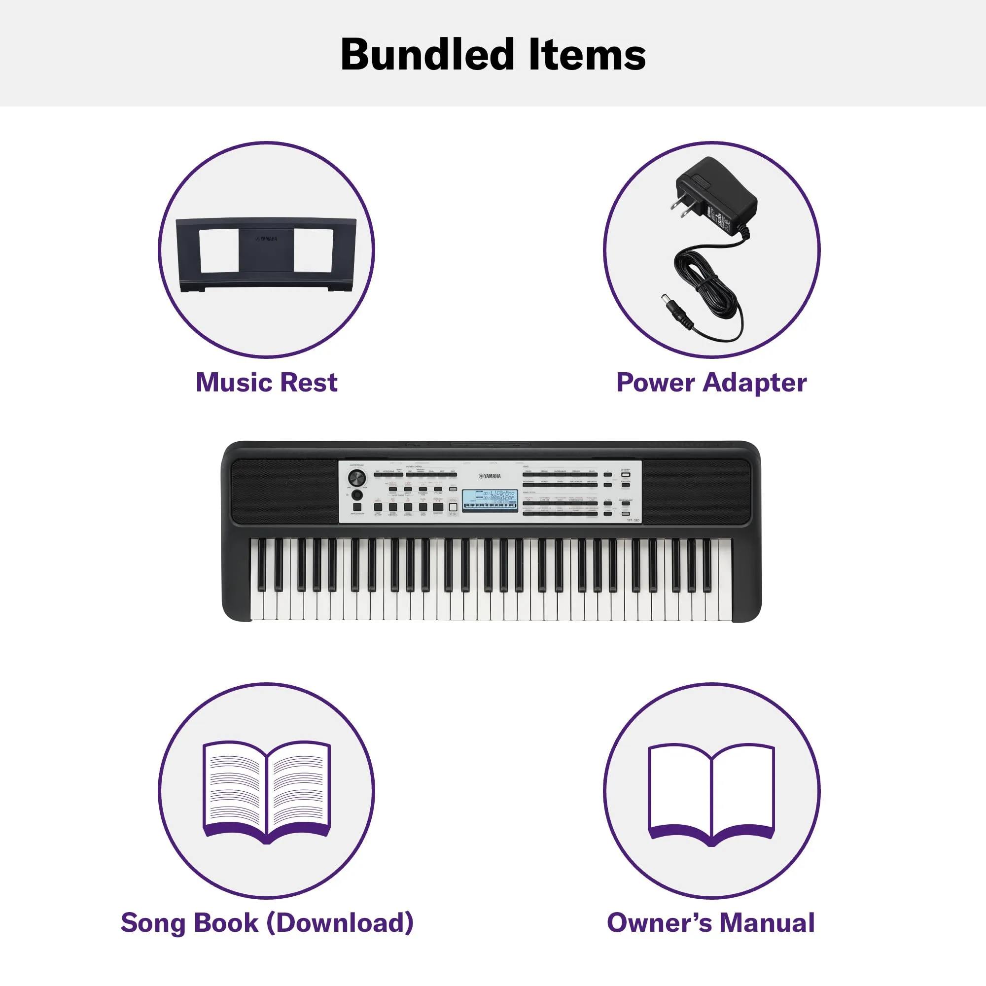 Yamaha YPT-380 Touch Sensitive Keys Portable Keyboard for Beginners with Music Rest, Power Adapter