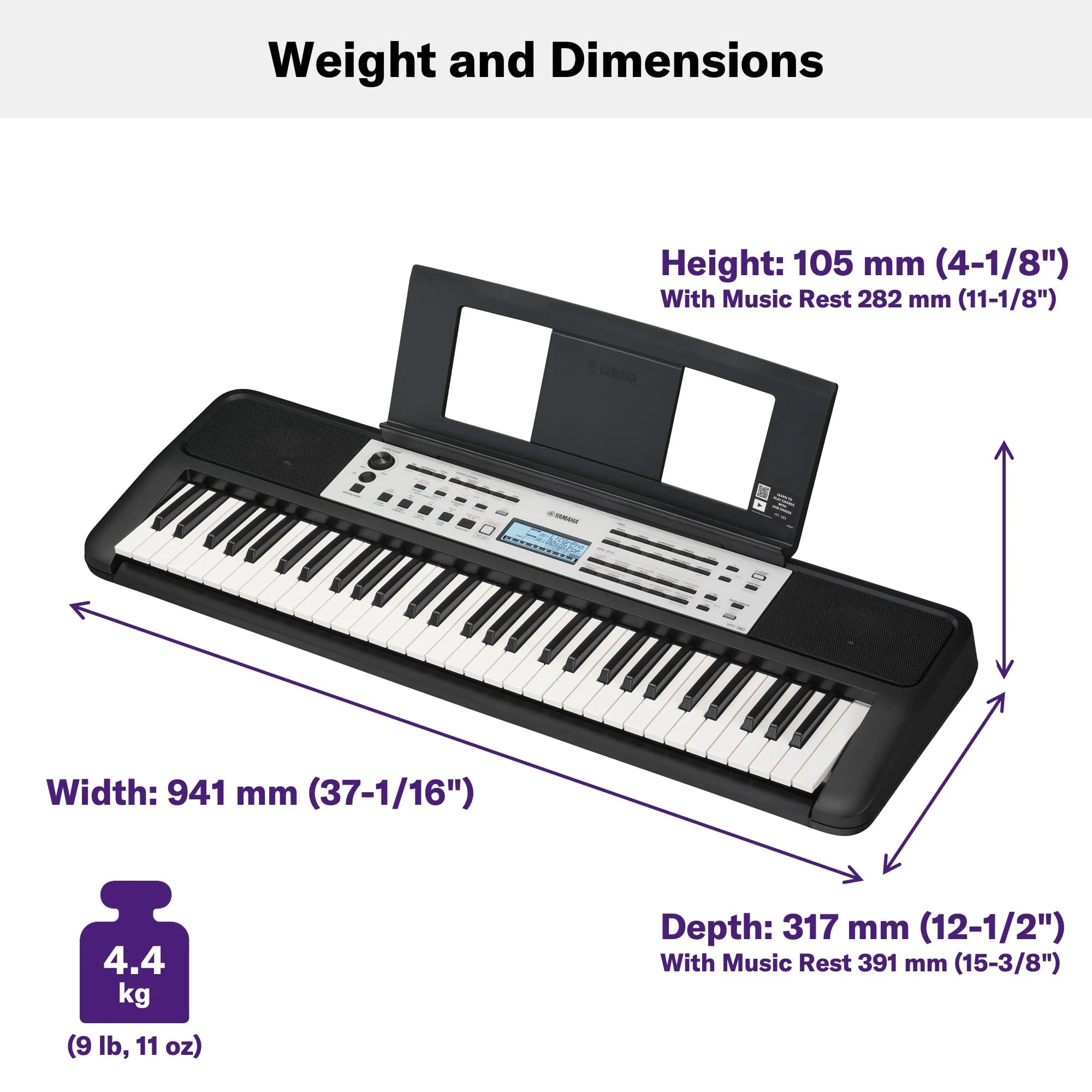 Yamaha YPT-380 Touch Sensitive Keys Portable Keyboard for Beginners with Music Rest, Power Adapter