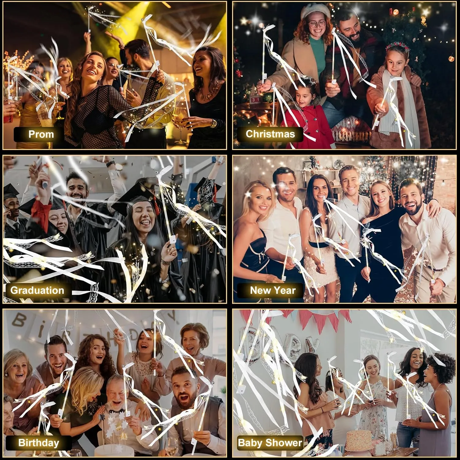 Year$ Thanksgiving$ Concert 68PCS light up wands for wedding$ Wedding resilience Wands Streamers with 3 Colorful Flashing Modes$ Fairy Wands$ LED Silk Fairy Wand with Bells for Wedding$ New 