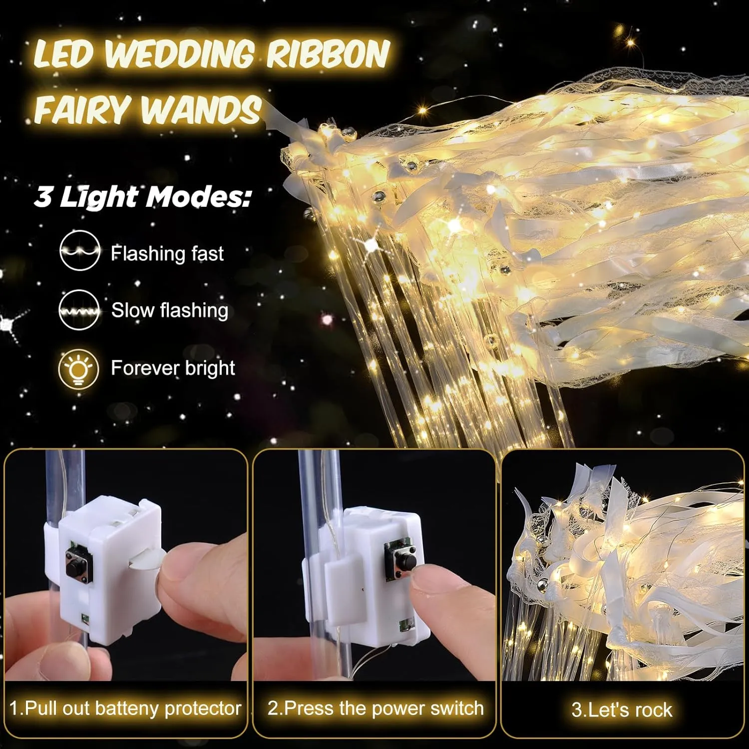 Year$ Thanksgiving$ Concert 68PCS light up wands for wedding$ Wedding resilience Wands Streamers with 3 Colorful Flashing Modes$ Fairy Wands$ LED Silk Fairy Wand with Bells for Wedding$ New 