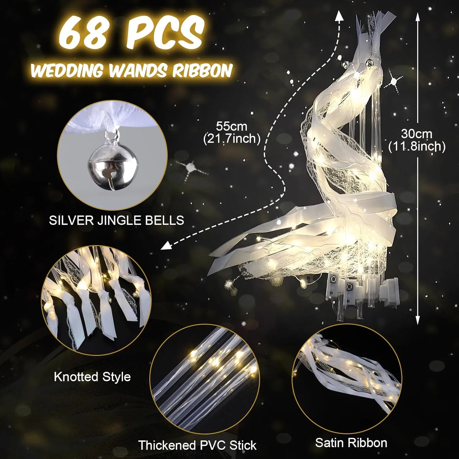 Year$ Thanksgiving$ Concert 68PCS light up wands for wedding$ Wedding resilience Wands Streamers with 3 Colorful Flashing Modes$ Fairy Wands$ LED Silk Fairy Wand with Bells for Wedding$ New 